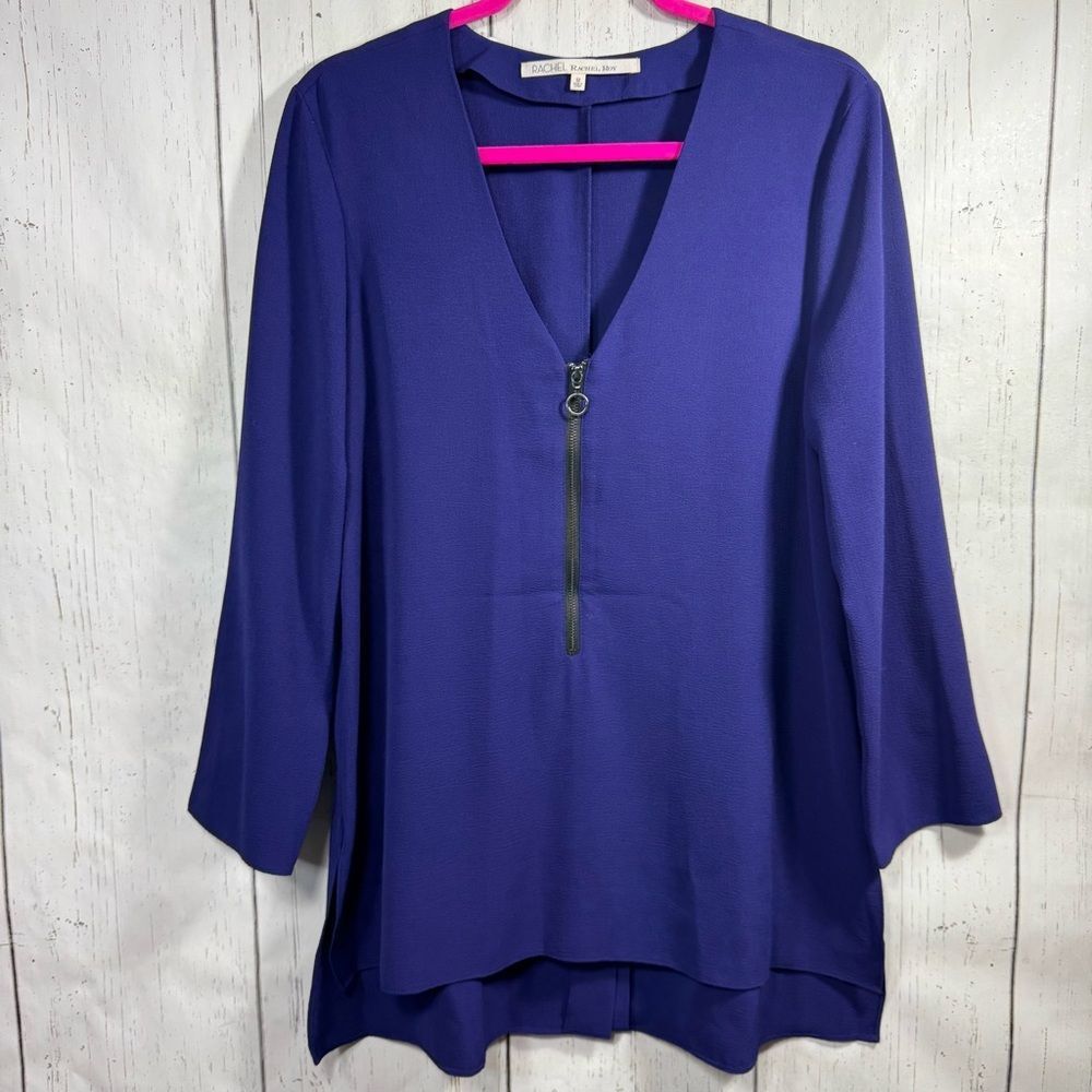 RACHEL Rachel Roy Zip V Neck Tunic Top Purple Asymmetrical Relaxed Fit Flowy